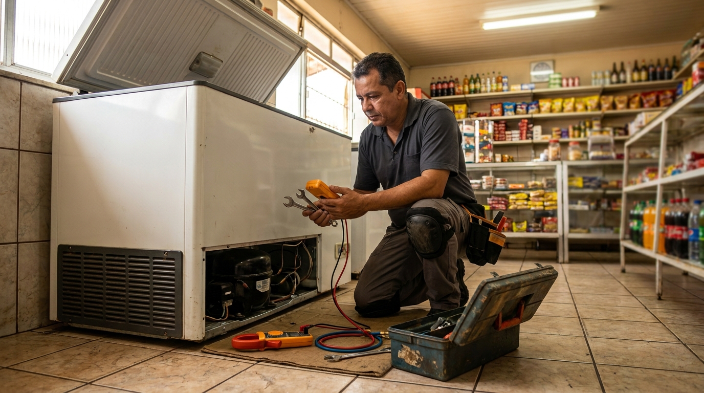 Técnico realizando manutenção de motor de freezer em Maceió‑AL
