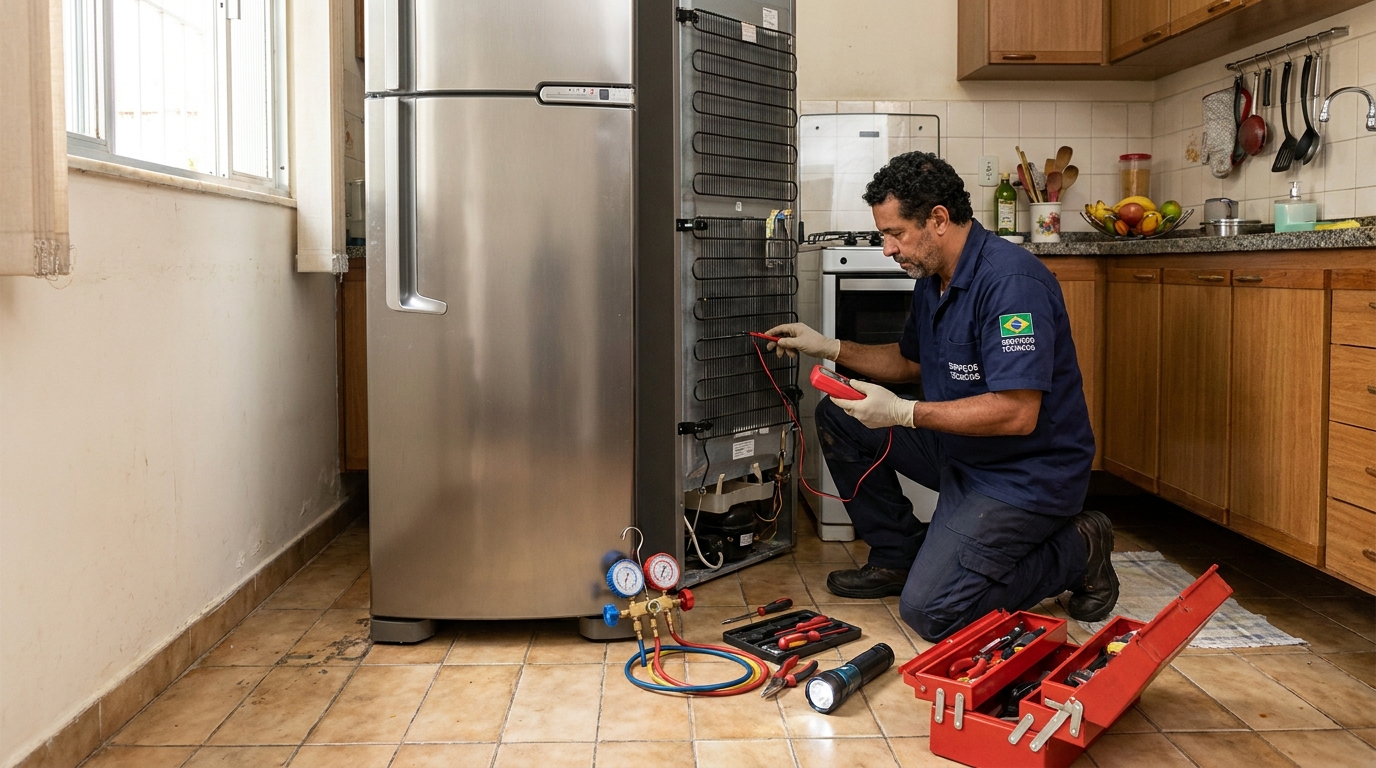 Técnico realizando manutenção de motor de geladeira em Maceió‑AL